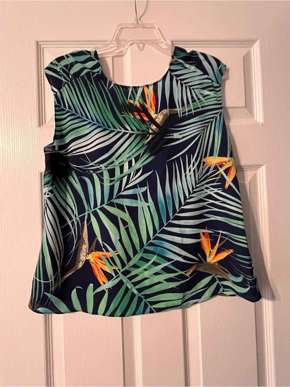 Express Navy Tropical Palm Print Tank Top with Green & Orange Accents